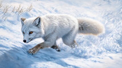 Fototapeta premium A polar fox digging through the snow in search of food, its fur rippling in a cold breeze,