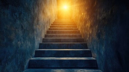 A shining beacon of light at the top of a staircase, symbolizing motivation, progress, and success.