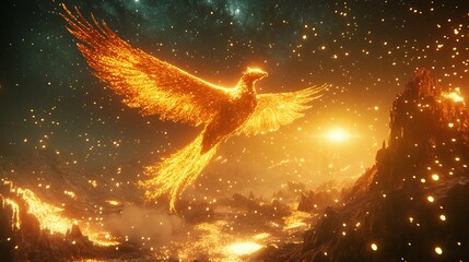 Fototapeta premium Golden Phoenix Soaring Through the Cosmos