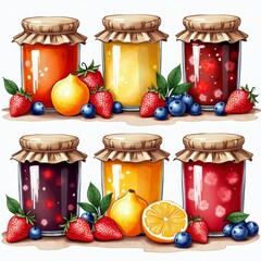Colorful Assortment of Jars with Fresh Fruits and Homemade Jam