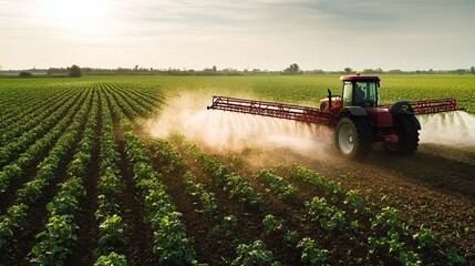Fototapeta premium Farmer on Tractor with Sprayer Applying Fertilizer to Young Vegetable Plants in Green Field, Focusing on Sustainable Agriculture and Modern Farming Techniques 