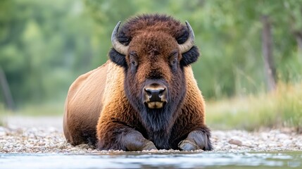 Fototapeta premium Bison resting by river, green background, wildlife photography