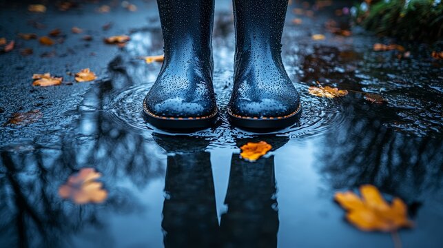 Rainy day reflections with blue boots and autumn leaves in puddle