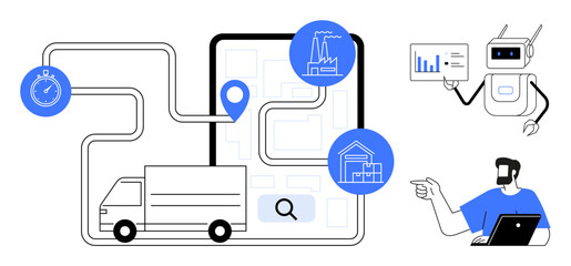 Delivery truck route displayed on a tablet, stopwatch, factory and warehouse icons, AI robot with data chart, and person using laptop. Ideal for logistics, supply chain, AI, data analysis route