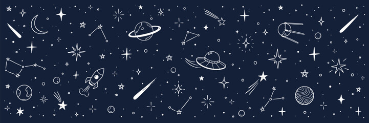 Space star vector kid background. Hand drawn doodle sketch style star space cute galaxy background. Hand drawn kid galaxy universe doodle pattern. Planet, rocket, moon element. Vector illustration.