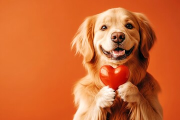 Golden retriever - my desired dog. Commercial concept art. Cute golden retriever hound with diamond red heart - emblem of love, funny greeting card. Red heart animal themes. Animal friendship.