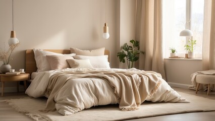 "Tranquil Bedroom Corner Featuring a Neatly Made Bed, Fluffy Pillows, and a Soft Area Rug, Bathed in Gentle, Warm Light from a Bedside Lamp"