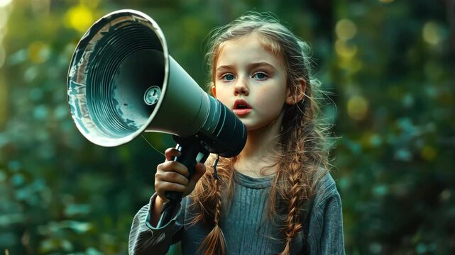 Child speaking passionately through megaphone in forest setting