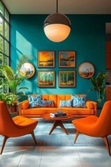 Modern living room design in orange and green