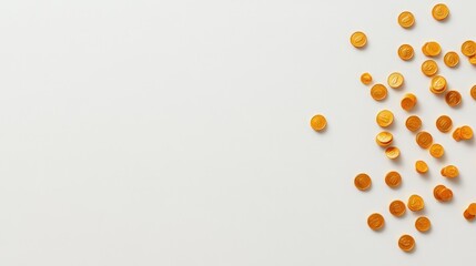 A smooth white surface with a few scattered gold coins, symbolizing wealth and minimalism.