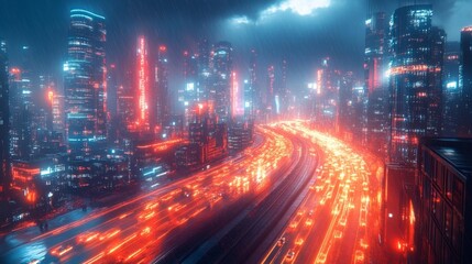 Obraz premium Rainy futuristic city with bright lights. Generative AI