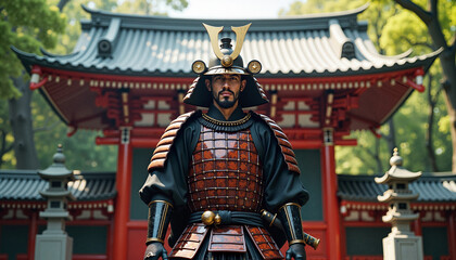 Fototapeta premium Samurai in Traditional Armor – Fierce Japanese Warrior in Front of a Temple