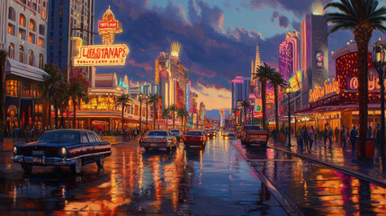 Obraz premium A beautifully illuminated city boulevard after rainfall, reflections of neon signs bouncing off the wet asphalt, deep perspective leading towards the vanishing point