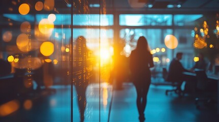 Blurred silhouettes in modern office, sunlight streaming through window. Illustrates concepts of innovation, technology, and teamwork in a business setting.