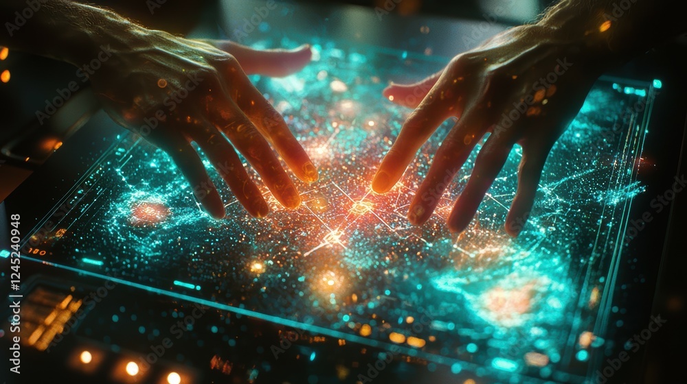 Poster hands interacting with quantum compute technology displaying data visualizations