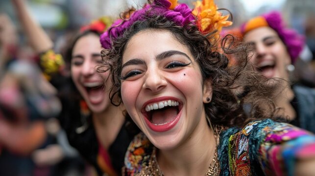Purim celebration joy: festive tradition, Jewish heritage, cultural gathering, vibrant costumes, sacred festivity, joyous occasion, holiday spirit, ancient history, community meaningful commemoration.