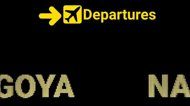 LED Text Display on Departures Sign Board Animation at NAGOYA Airport. Suitable for motion graphic designers travel explainer videos, airport branding, and transit visuals