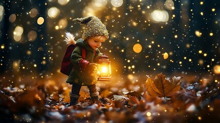 Naklejka premium Little Elf with a Lantern in a Magical Forest