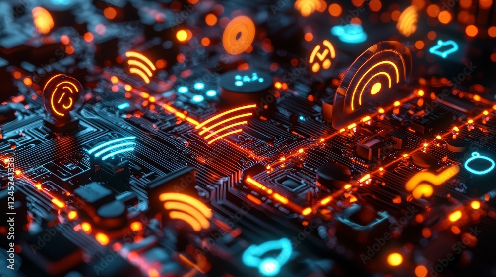 Poster intricate circuit board with connected devices and wireless signals