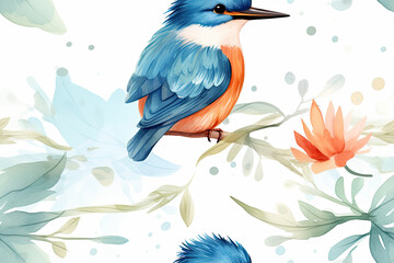 Obraz premium Watercolor Kingfisher Bird with Floral Pattern