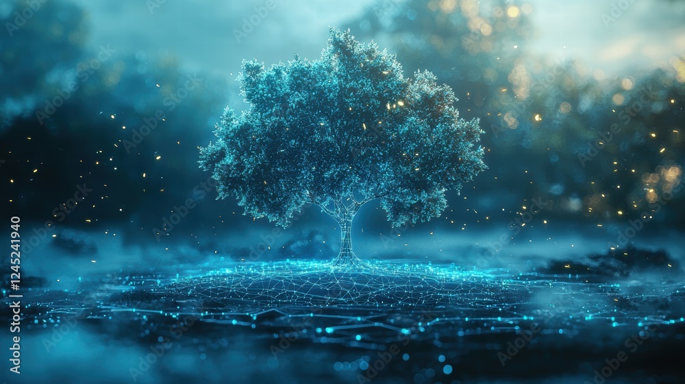 Poster futuristic glowing tree on digital map with sparkling background
