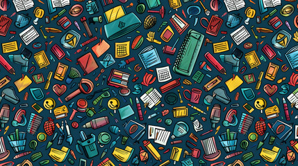 Colorful flat lay of various office supplies scattered on a dark background, ideal for creative projects
