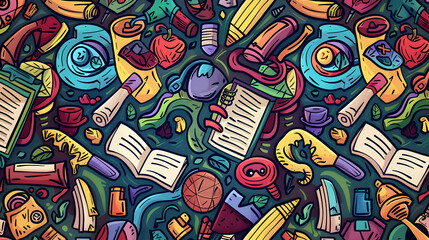 Fototapeta premium Colorful illustration of various school supplies and stationery items scattered on a vibrant background