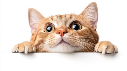 Curious Orange Tabby Cat Peeking Over Edge on White Background. Generative AI