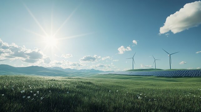 Sunny landscape with wind turbines and solar panels in green fields
