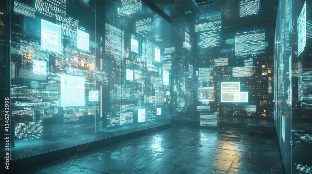Poster futuristic archive room with floating digital displays and data streams