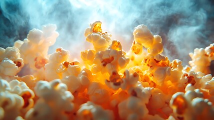 A macro shot of popcorn exploding into fluffy clouds, shimmering with buttery glaze, set before a dimly lit cinema interior, screen casting subtle reflections, soft bokeh and rich contrasts,