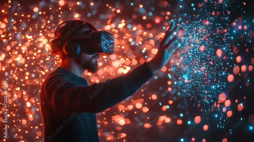 Poster hands controlling a swarm of data points in a virtual reality environment