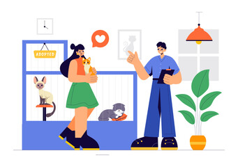 Vector Illustration of an Animal Adoption Agency Featuring Pet Adoption from a Shelter with Cats and Dogs in a Flat Cartoon Background