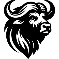 Fototapeta premium Tattoo of young yak side view head in monochrome. Wild young buffalo. Engraving minimalistic vector in black ink drawing on transparent background