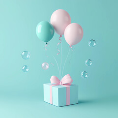 A box with a pink ribbon and three balloons is floating above it