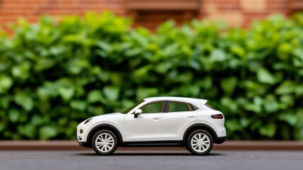 Miniature white SUV car model on asphalt with green foliage background