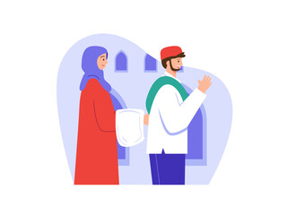 Muslim couple praying together Illustration. Fasting ramadan illustration. Flat vector illustration concept.	