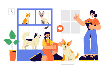 Vector Illustration of an Animal Adoption Agency Featuring Pet Adoption from a Shelter with Cats and Dogs in a Flat Cartoon Background