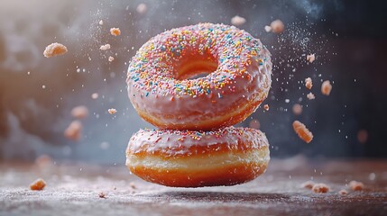 A side view of donuts stacked in a circle, vibrant frosting and sprinkles creating contrast, one donut being lifted in slow motion, crumbs and sprinkles in the air, cinematic warm lighting. --ar 16:9