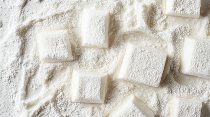 Flat lay of frozen cream cheese blocks on a white surface with frost texture. Ample copy space.