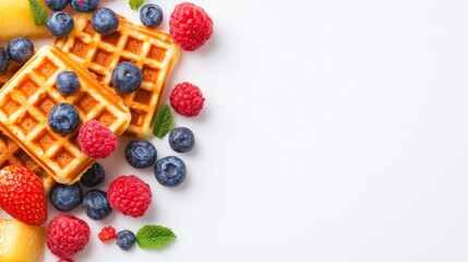 Golden Waffles with Fresh Berries on White. Generative AI