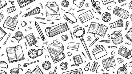 A creative illustration featuring various school supplies and stationery items scattered across a surface