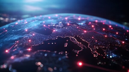 Fototapeta premium Global network connections illuminating Europe at night, showcasing data flow and city lights, ideal for technology and communication concepts