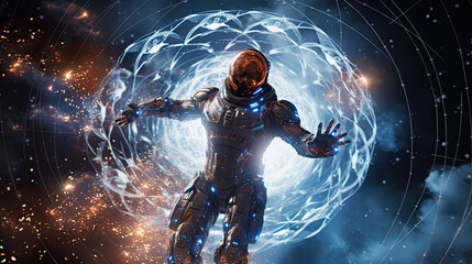 Fototapeta premium Astronaut in a Protective Energy Field Amidst Cosmic Explosions