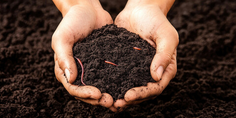 A pair of hands holds rich, dark soil, symbolizing nurturing and the connection between humans and nature.