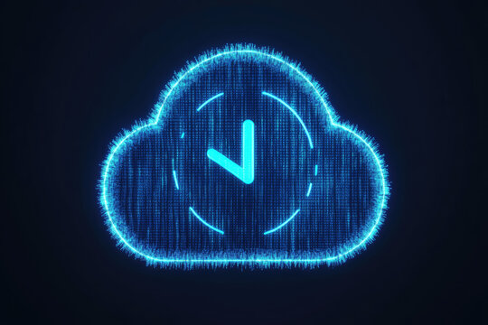 A glowing blue cloud symbol with a clock icon inside, representing cloud computing and time management concepts in a digital context.
