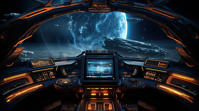 Futuristic Spaceship Cockpit with View of a Glowing Planet