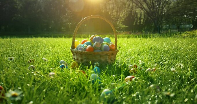Easter eggs in basket in grass. Colorful decorated easter eggs in wicker basket.