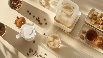 Cozy Coffee Station Setup with Cups, Saucers, Coffee Pot, and Beans