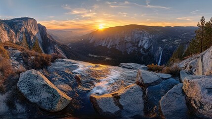 Sunset over Yosemite Valley waterfall